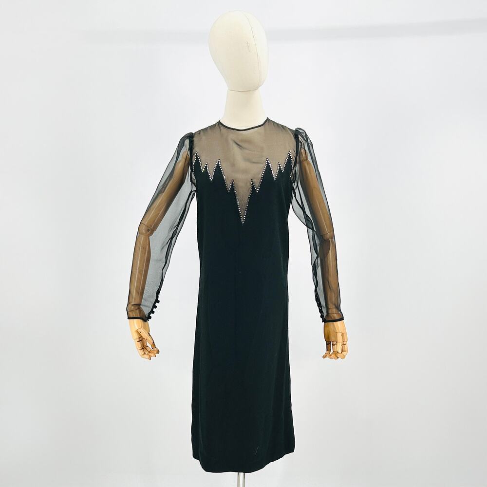 Vintage 70s Joan Leslie Black Rhinestone Sexy Sheer Sleeve Cocktail Dress